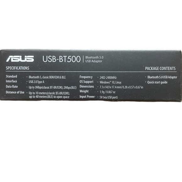 Asus
Bluetooth 5.0
USB-BT500
USB adapter
Compatible with Bluetooth5/4/3/2.1
s/n: - Picture 6 of 6